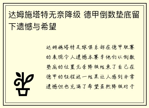 达姆施塔特无奈降级 德甲倒数垫底留下遗憾与希望
