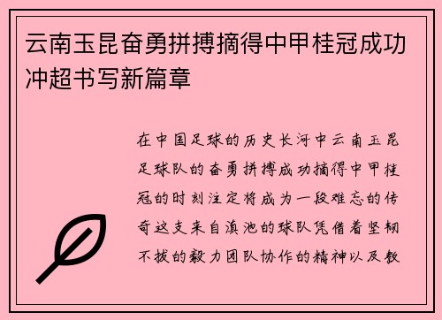 云南玉昆奋勇拼搏摘得中甲桂冠成功冲超书写新篇章