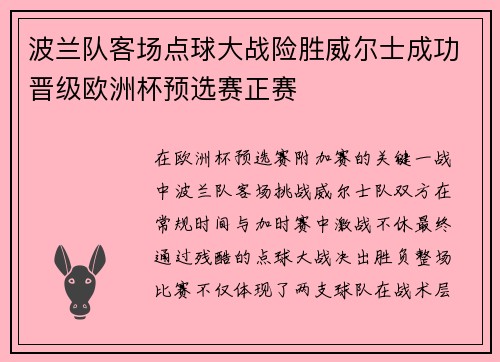 波兰队客场点球大战险胜威尔士成功晋级欧洲杯预选赛正赛